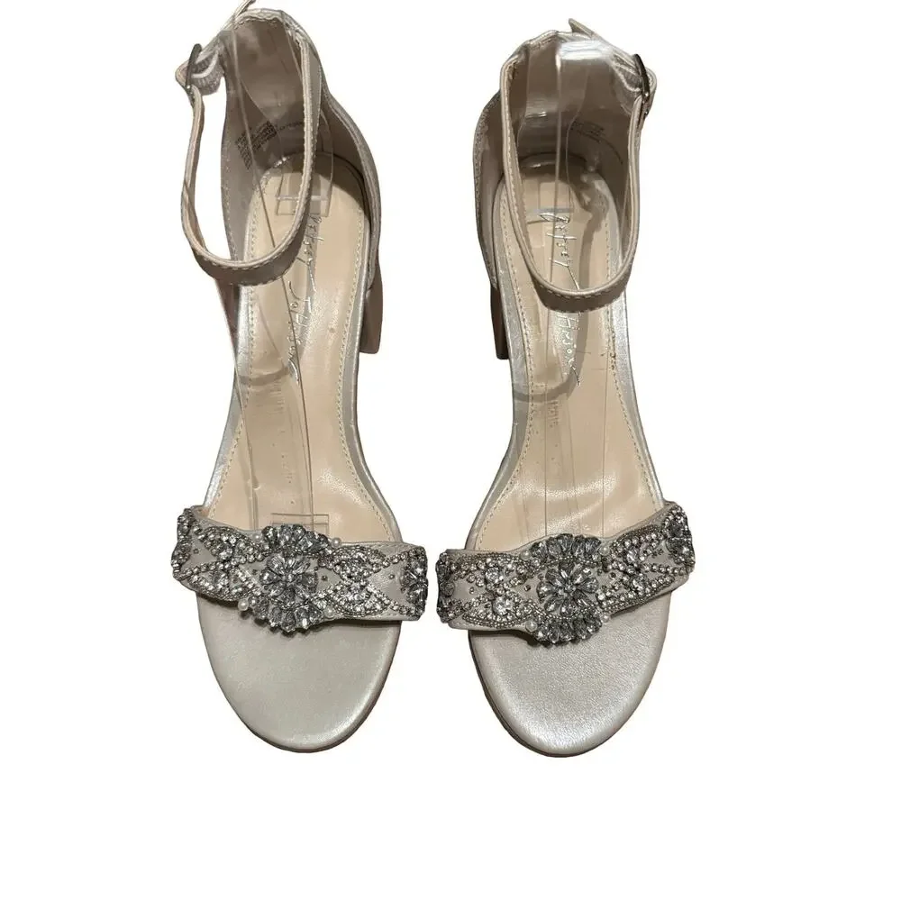 Betsey Johnson Mel Champagne Rhinestone Ankle Strap Block Heel Sandals Shoes 6.5